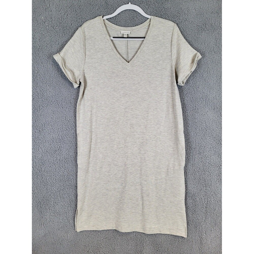 Garnet Hill Everyday T Shirt Dress V Neck Size Medium Heather Tan Pockets